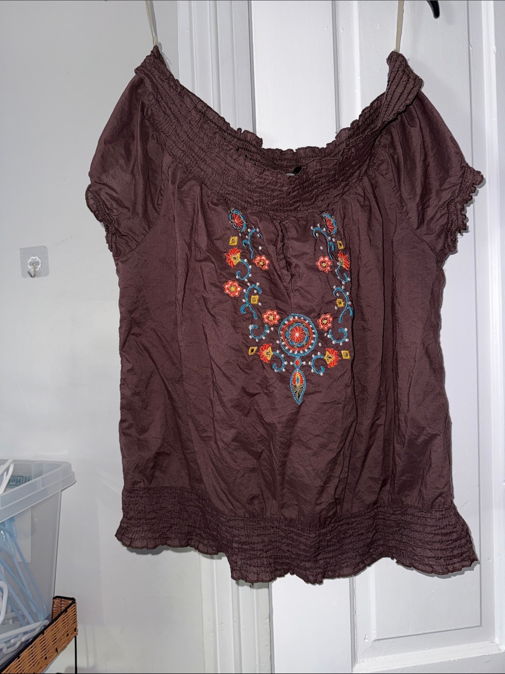 Bisou Bisou Brown Scoop-Neck Embroidered Blouse